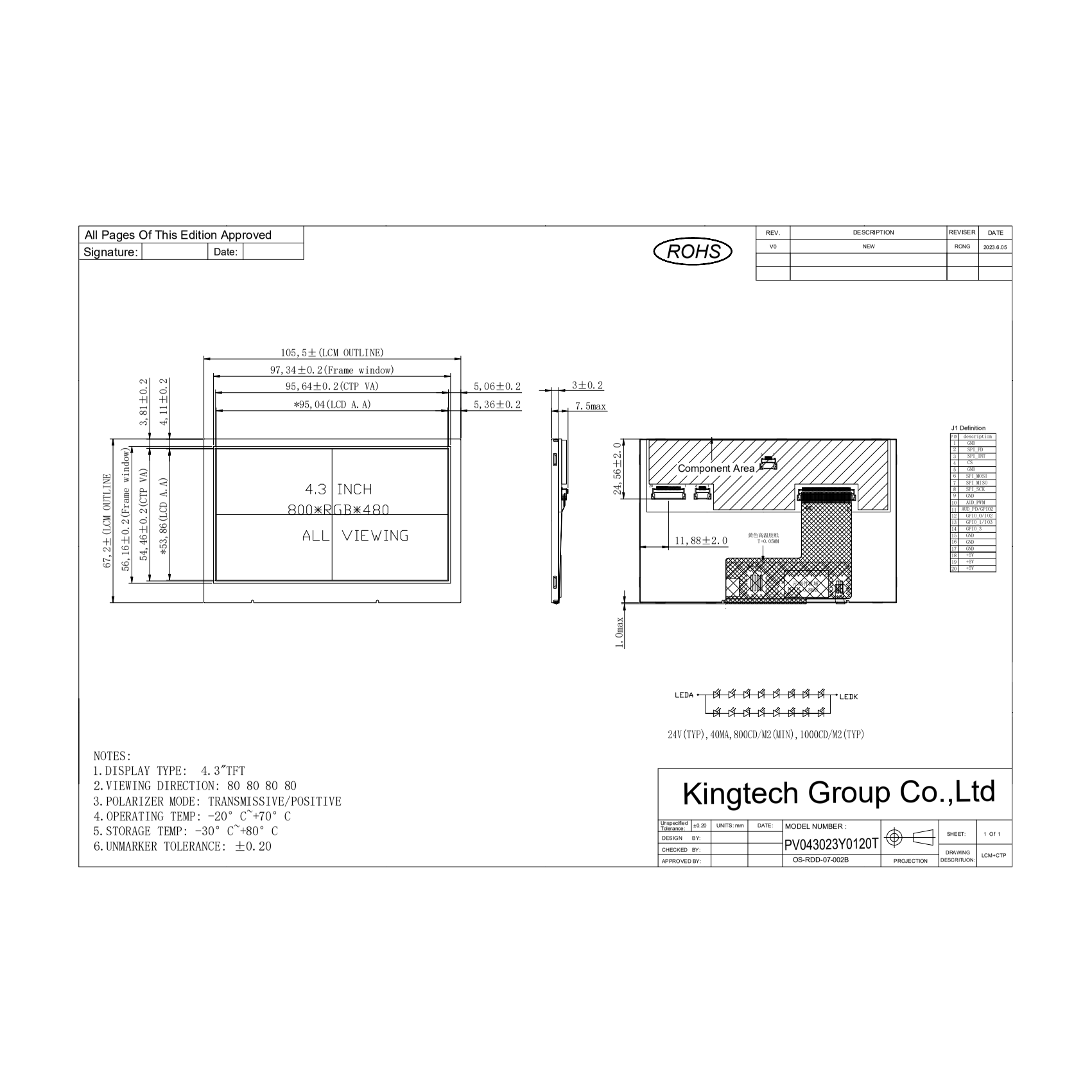 SPI Interface 4.3 Inch 800*480 IPS LCD TFT Capacitive Touch Panel Wide Temperature High brightness Display