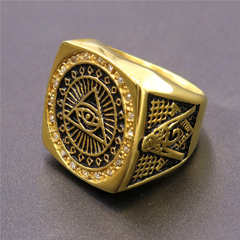 Gold Plated Mens Masonic Illuminati All Seeing Eye Square Ring Size 7-15 Fashion Jewelry Rings Accessories Factory Wholesale OEM