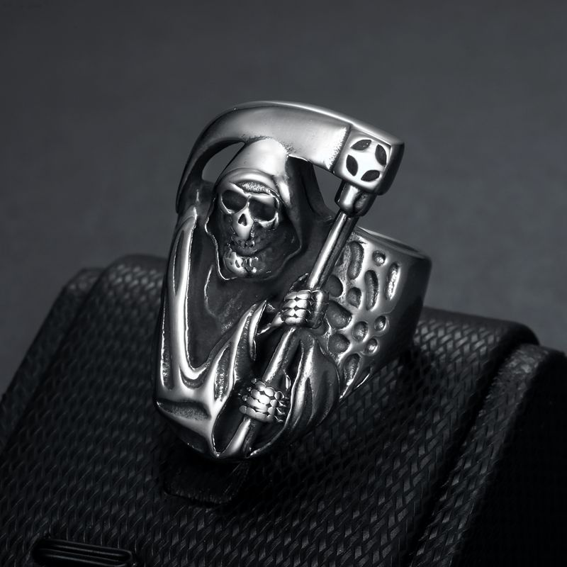 Mens Biker Goth Death Skull Grim Reaper Ring Stainless Steel Size 7-15 Fashion Jewelry Rings Accessories Factory Wholesale