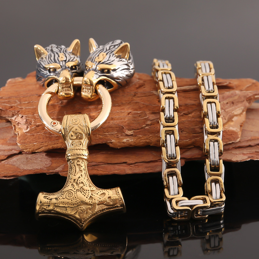 Vintage Silver Gold Plated Stainless Steel 6mm King Chain Viking Wolf Head Thor's Hammer Pendant Byzantine Necklaces Wholesale