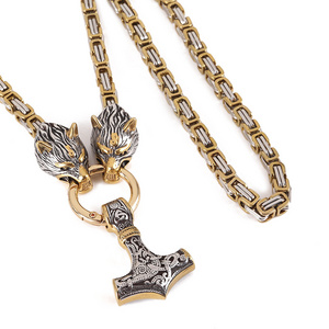 Vintage Silver Gold Plated Stainless Steel 6mm King Chain Viking Wolf Head Thor's Hammer Pendant Byzantine Necklaces Wholesale