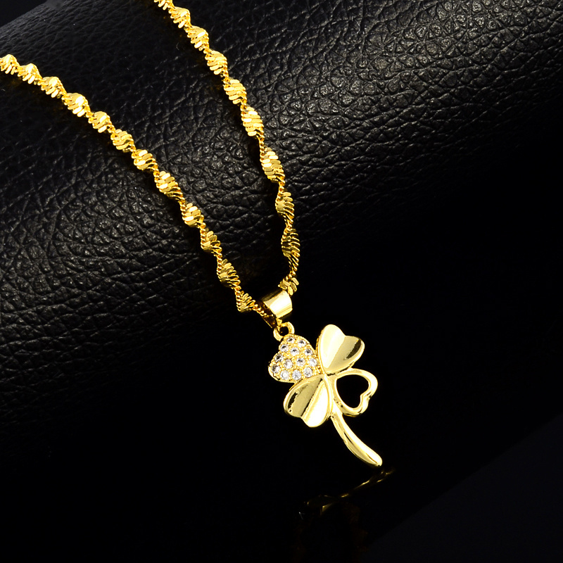 Gold Four Leaf Clover with Zircon Gold Plated18 Inch Chain Necklace For Women or Men Wedding Engagement Party Fashion Gift