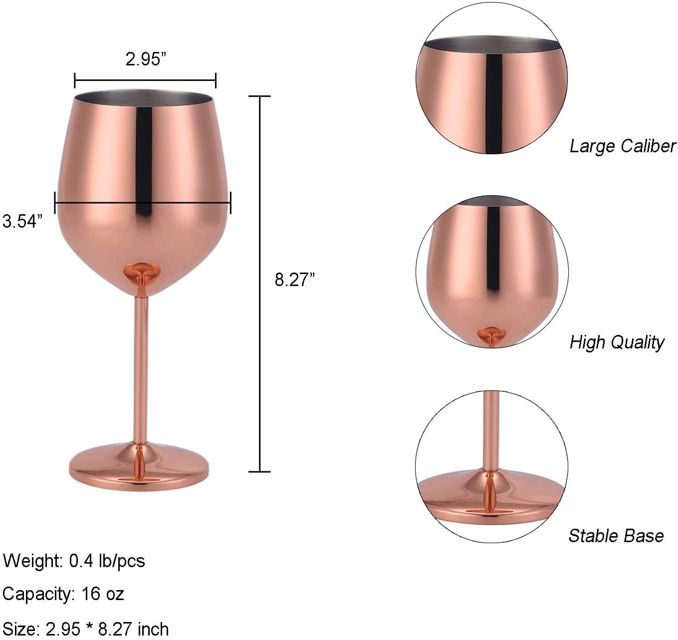 Wine Glasses 18/8 Stainless Steel 16 Oz Stemmed Wine Goblets BPA Free Copper Coated Shatterproof Wine Glass