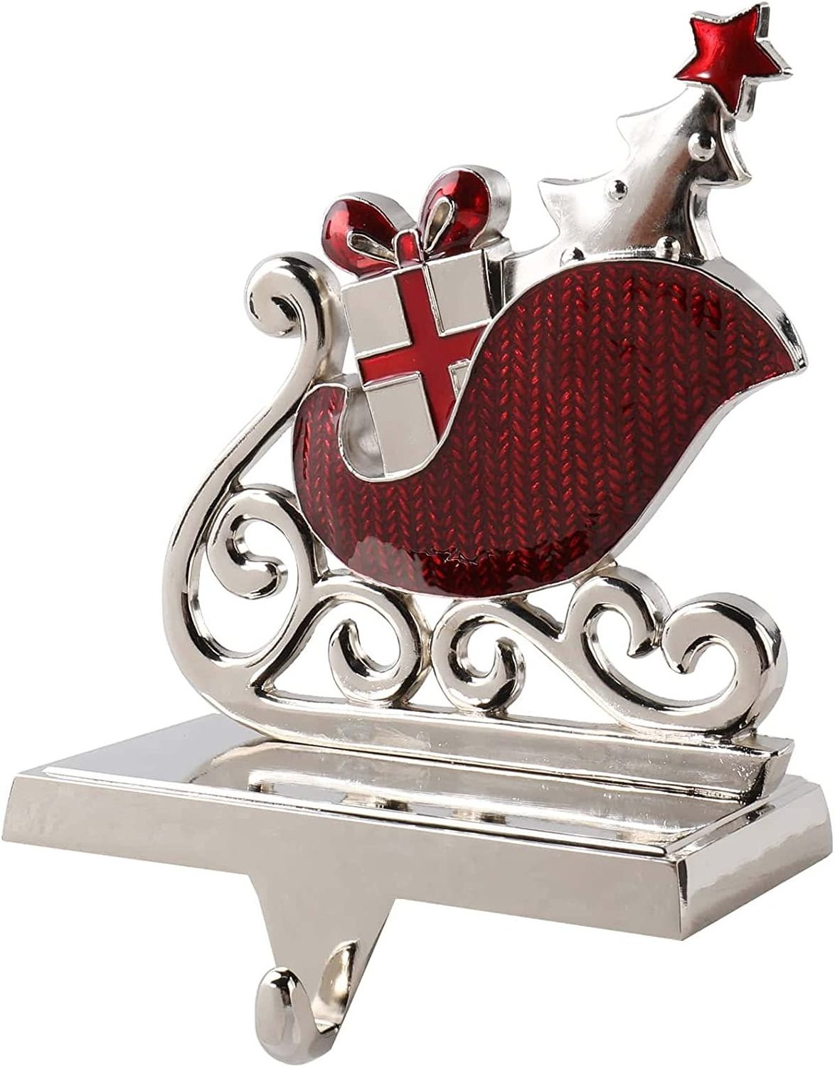 Christmas Silver and Red Reindeer & Santa Claus Stocking Holders Hangers for Mantel Set of 4 Xmas Hooks Holder Hanger