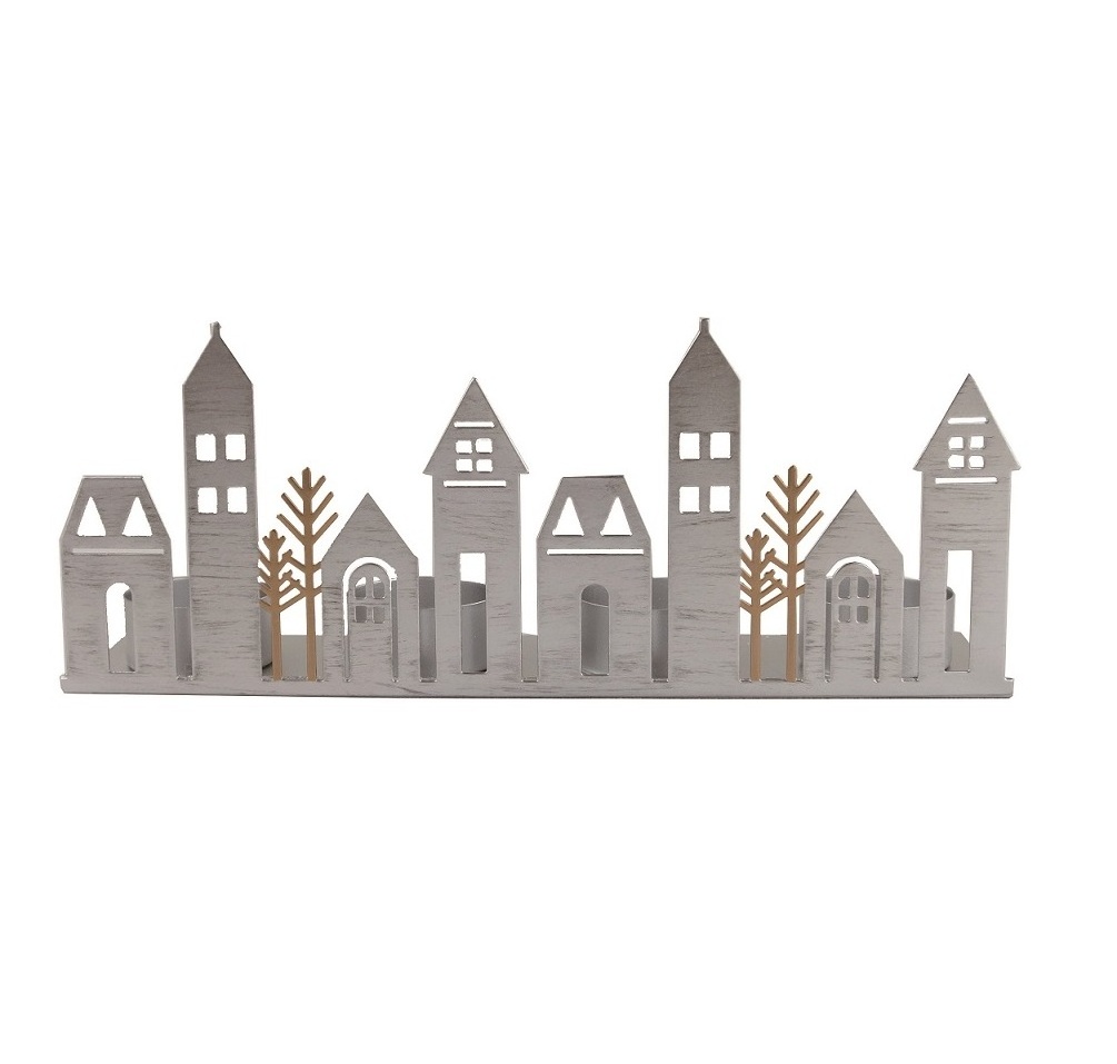 Winter Village Tealight Holder Hot Sale Metal House Shape Tree Jar Candle/Votive Tea Light Holder