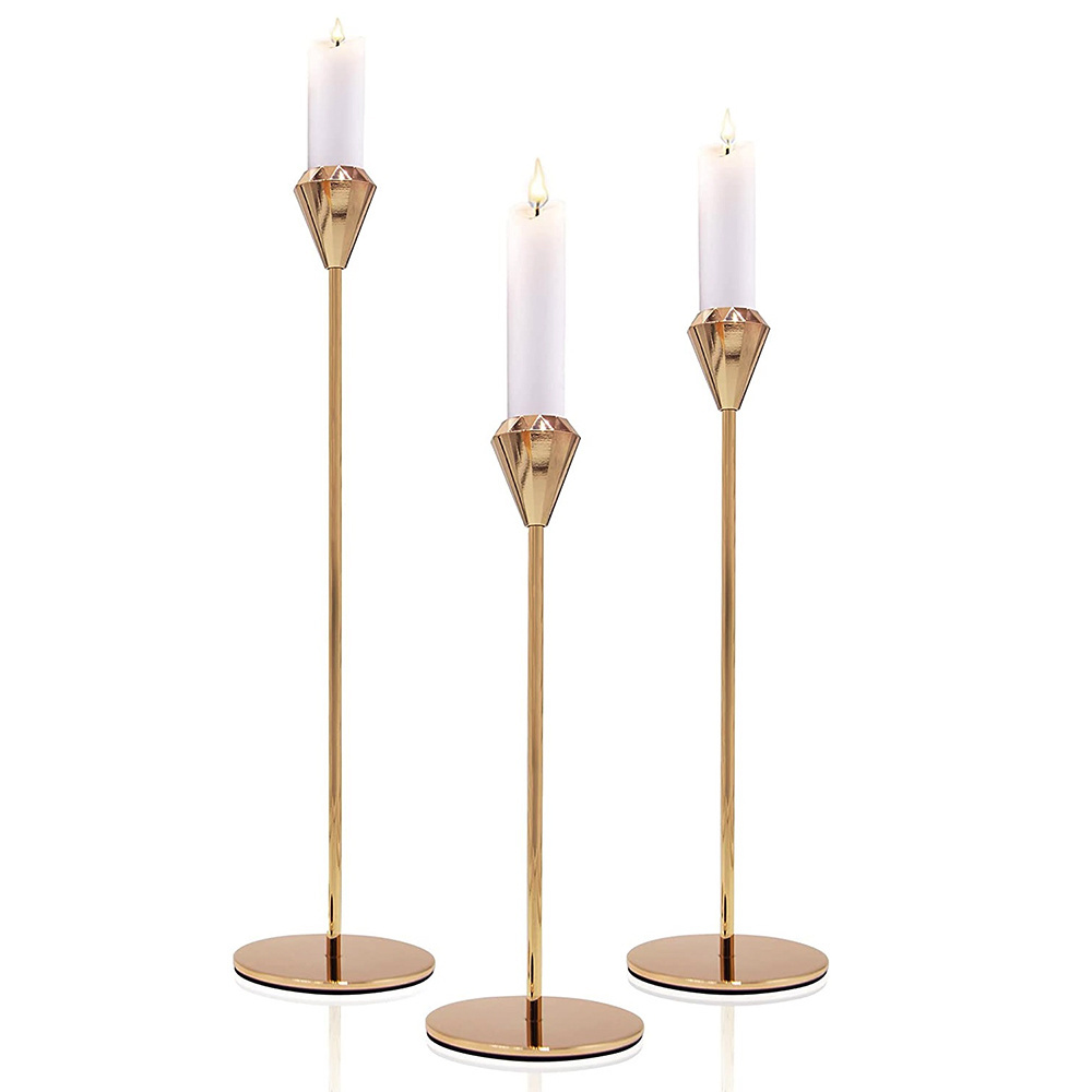 Diamond Shaped Candle Holders Set, Gold Taper Candle Holder, Metal Candle Stand Candlestick Holders 3 in 1 Set  for Wedding