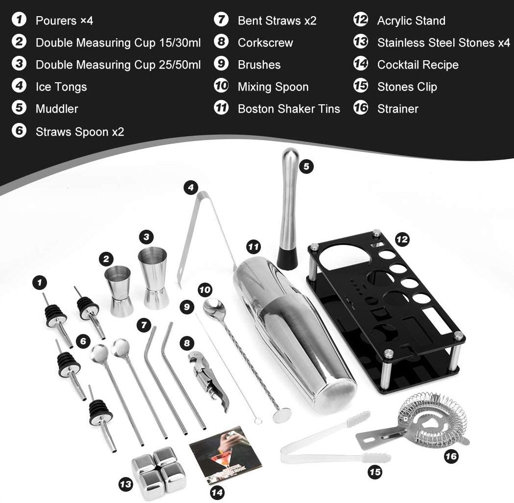 Portable Bartender Kit 24oz Shaker Bar Tool Set 2 Pourers Muddler Jigger Mixing Spoon Drink Mixer Mixology Cocktail Shaker Set