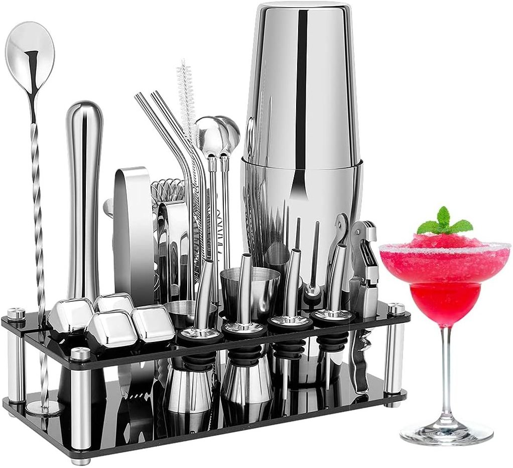 Portable Bartender Kit 24oz Shaker Bar Tool Set 2 Pourers Muddler Jigger Mixing Spoon Drink Mixer Mixology Cocktail Shaker Set