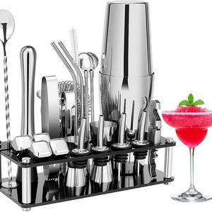 Portable Bartender Kit 24oz Shaker Bar Tool Set 2 Pourers Muddler Jigger Mixing Spoon Drink Mixer Mixology Cocktail Shaker Set