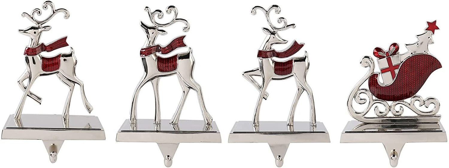 Christmas Silver and Red Reindeer & Santa Claus Stocking Holders Hangers for Mantel Set of 4 Xmas Hooks Holder Hanger