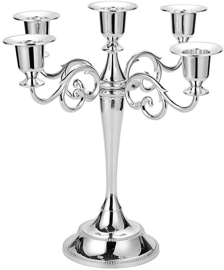 Home Decoration 5 Arms Metal Silver Candelabras Candlestick Candle Holder Candle Stand for Wedding Dining Table Christmas Party