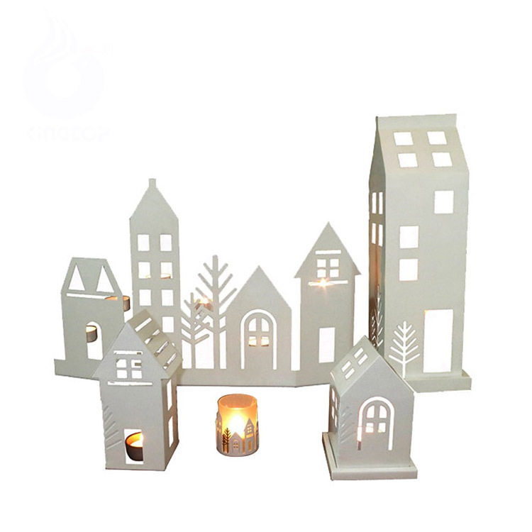 Winter Village Tealight Holder Hot Sale Metal House Shape Tree Jar Candle/Votive Tea Light Holder