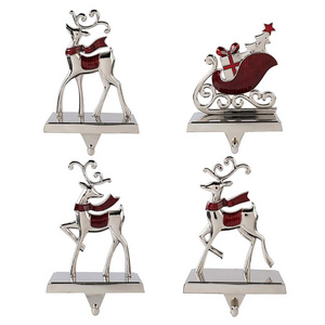 Christmas Silver and Red Reindeer & Santa Claus Stocking Holders Hangers for Mantel Set of 4 Xmas Hooks Holder Hanger