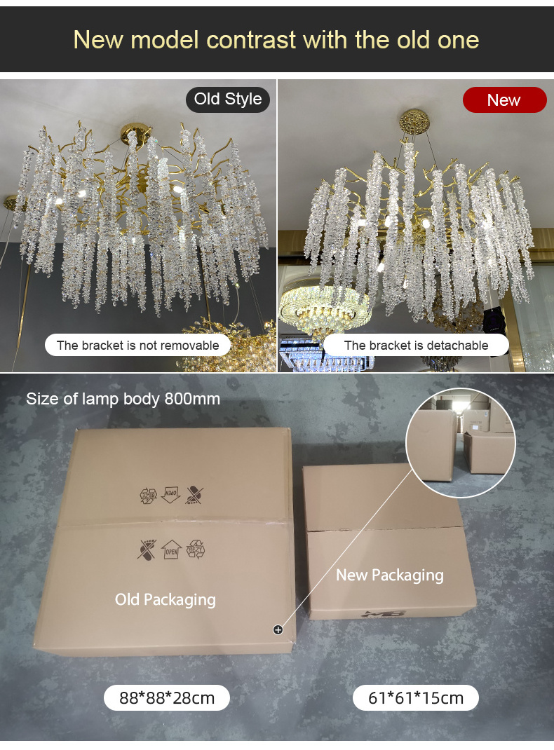 Removable bracket pendant lamp Hotel Villa Decorative Crystal hanging light Gold Modern Luxury Led ceiling light chandelier