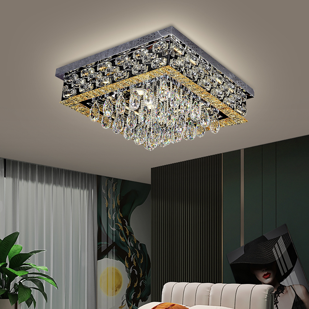 Square Modern Crystal Chandelier LED Flush Mount Crystal Ceiling Light for Living Room Bedrooms Dining Room