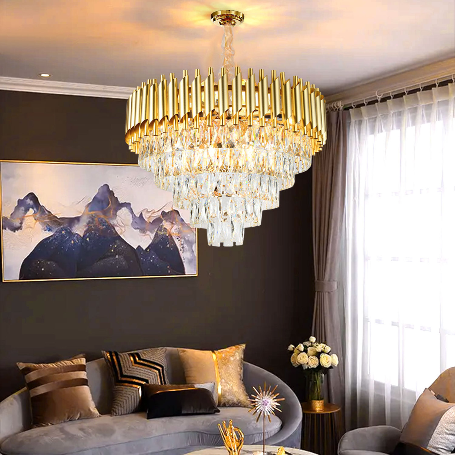 factory suppliers round indoor luxury ceiling chandelier black gold LED home modern crystal Chandeliers & Pendant Lights