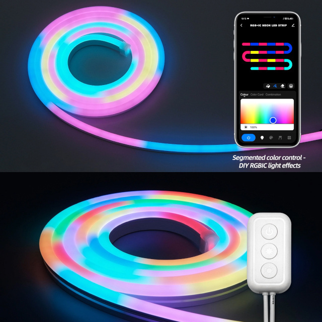 Kingunion 3m RGBIC App Control DIY Function Music Sync 1cm Neon LED Strip Works with Alexa and Google Assistant