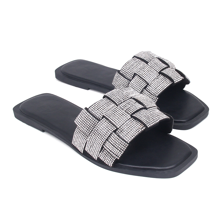 2024 New Arrivals Woven Slippers doll shoe Summer women's rhinestone Flat Sandals Beach Slippers For Ladies And Girls