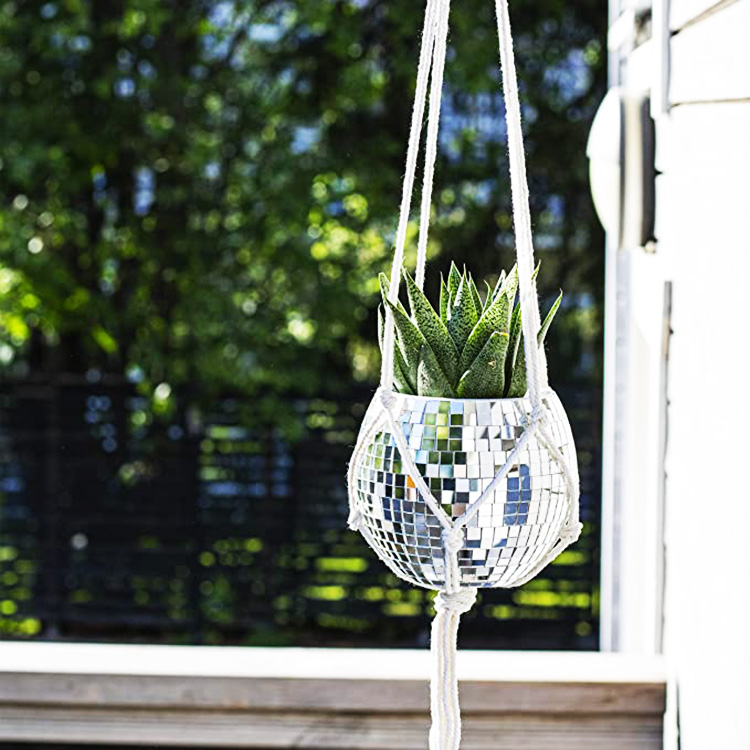 Hot Sale Disco Mirror Ball Plant Round Hanging Planter Flower Pot with Metal Macrame Rope Hanging Drainage Hole for Home Decor