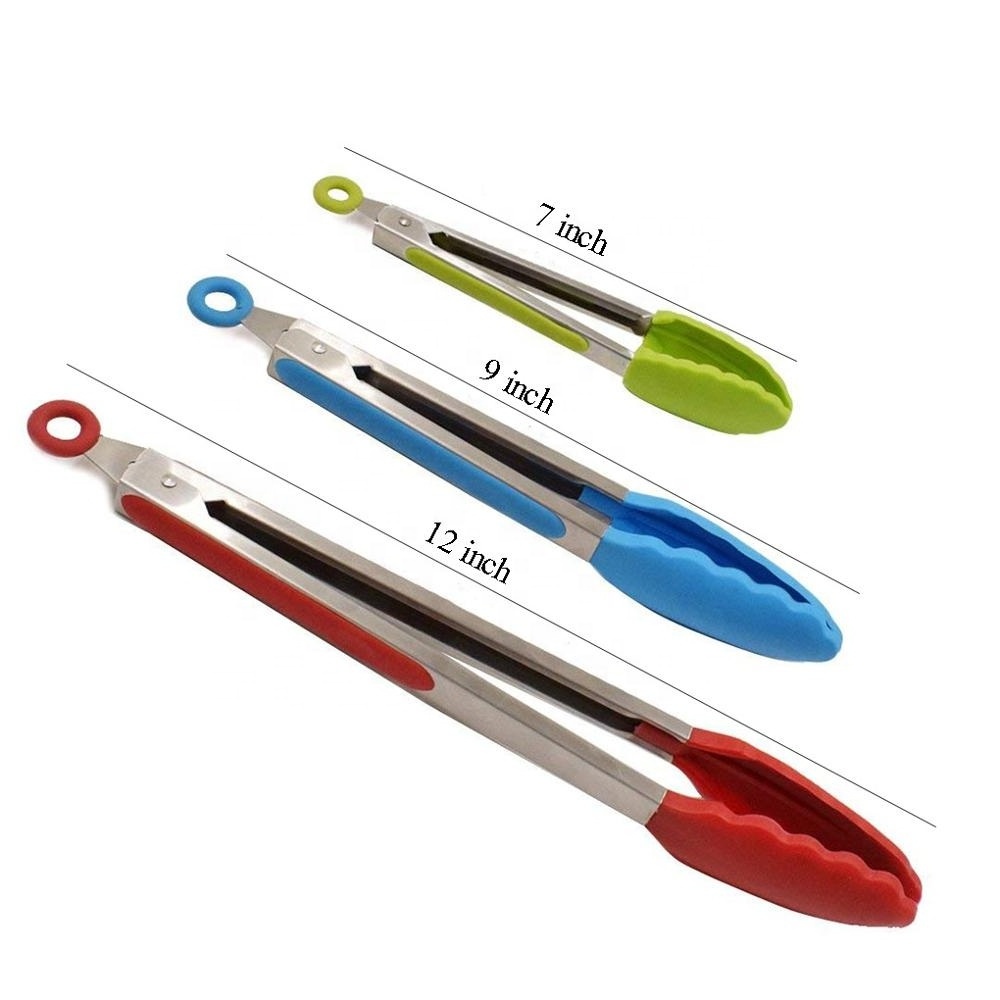 Non-slip cooking gadgets kitchen accessories kitchen utensils bread ice bbq serving tools silicone food tong stainless steel