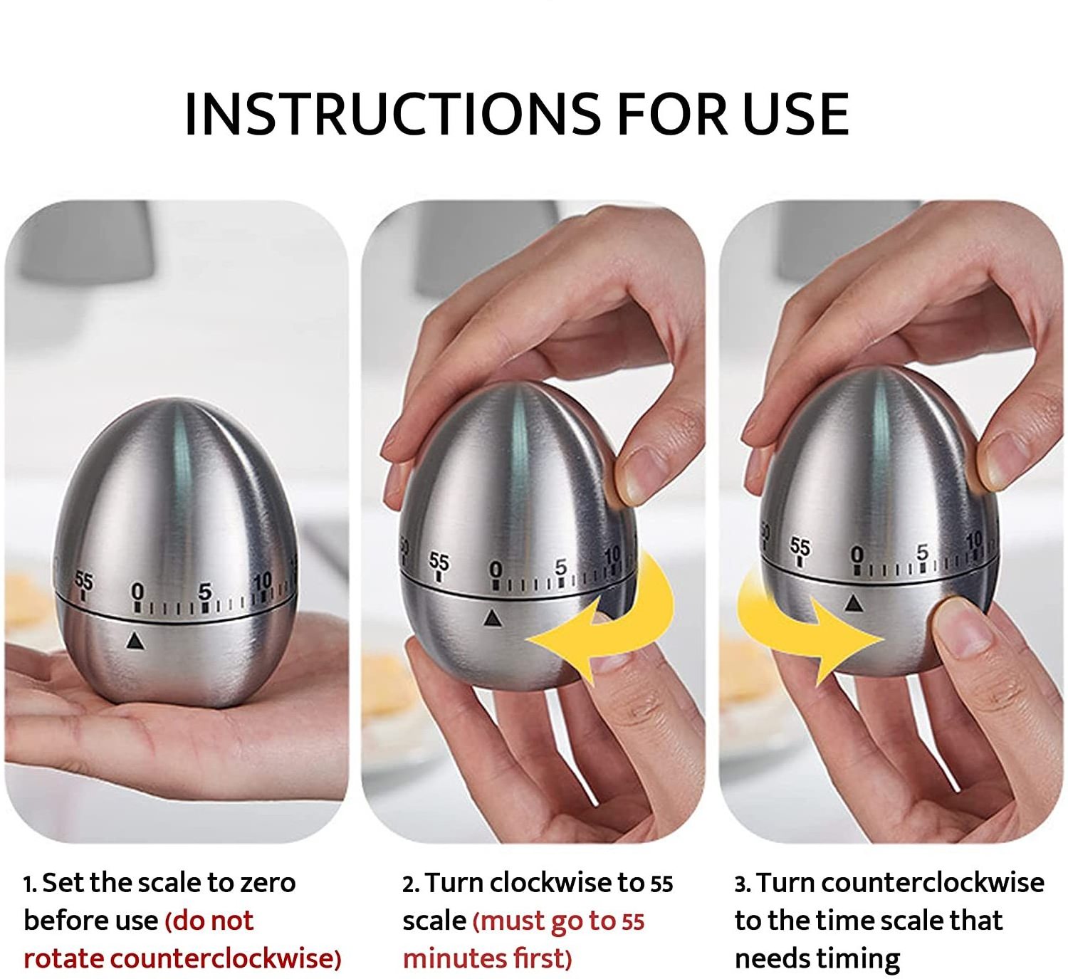 Stainless Steel Egg Shaped Mechanical Rotating Alarm clock with 60 Minutes Cooking Yoga learning Kitchen Timer