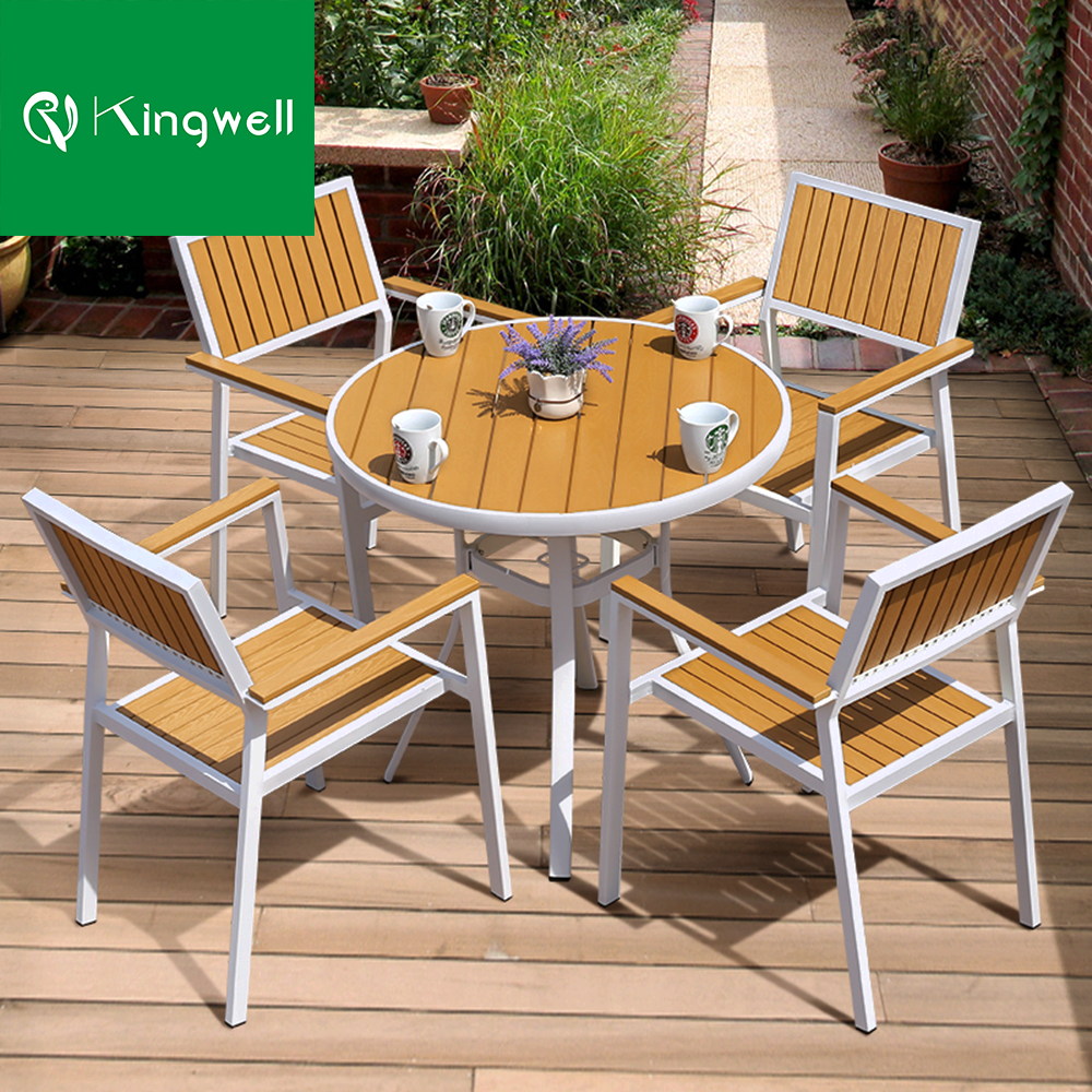 Restaurant outdoor furniture Aluminum plastic wood tables and 4 Seat chairs bistro dining set