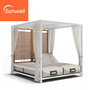 Luxury modern style outdoor furniture set aluminum frame teak curtain daybed swimming pool side cabana day bed with canopy