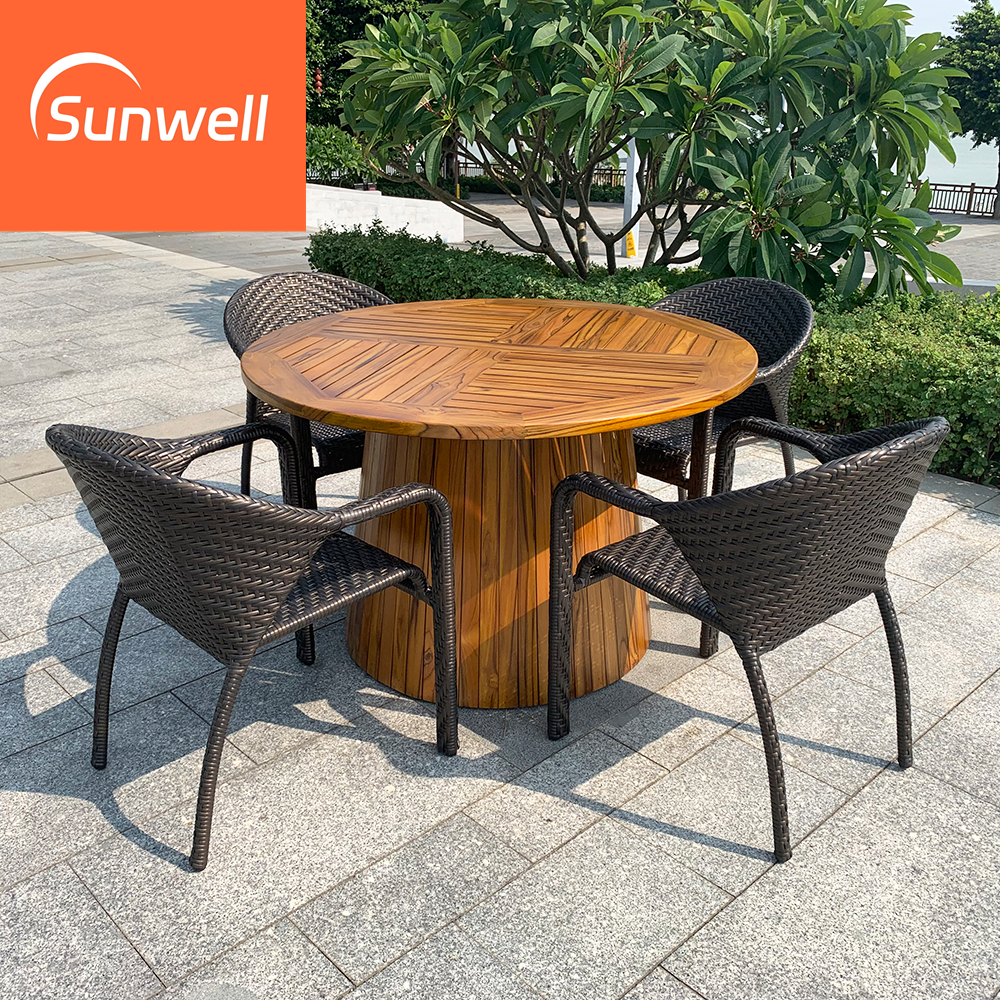 Modern outdoor furniture garden wicker black chairs patio teak wood dining table with aluminum PE rattan chair