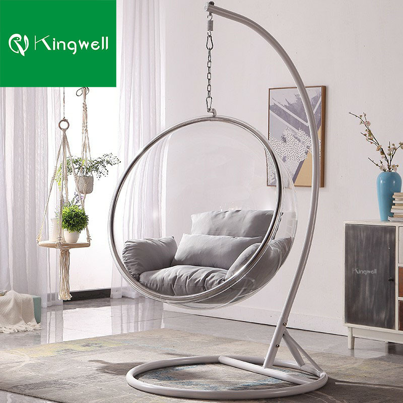 Hot selling garden furniture swinging chairs set metal acrylic bubble hanging swing chair with stand and cushion for room