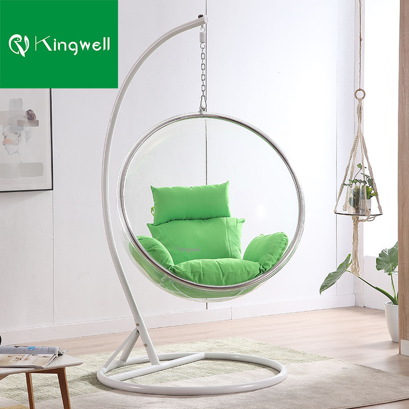 Hot selling garden furniture swinging chairs set metal acrylic bubble hanging swing chair with stand and cushion for room