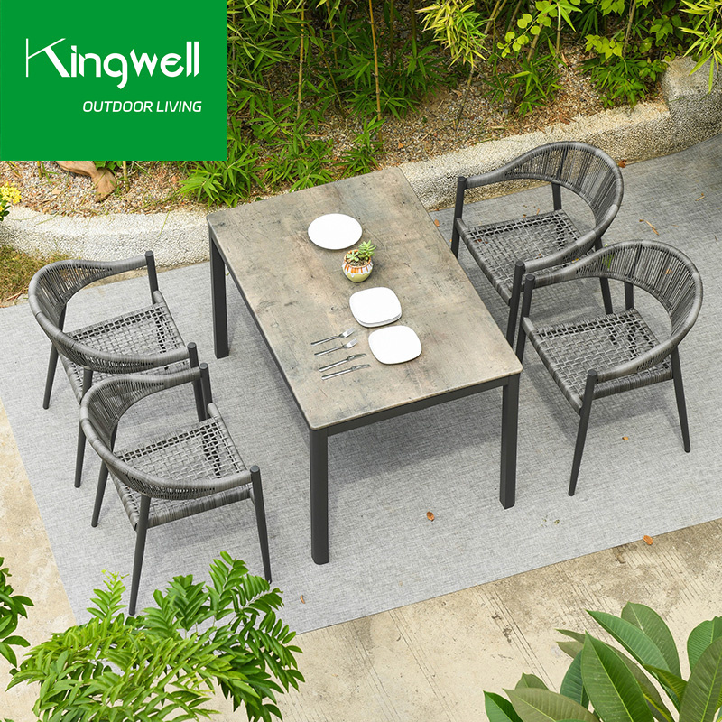 Aluminum Furniture For Garden Outdoor Dinning Set Rope Woven Chair Dining Table Sets Metal Table And 4 Seats Chairs