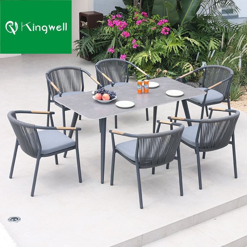 Modern patio furniture teak wood dinning set outdoor garden furniture dining aluminum rope chair and table for restaurant