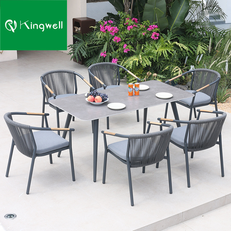 Modern patio furniture teak wood dinning set outdoor garden furniture dining aluminum rope chair and table for restaurant