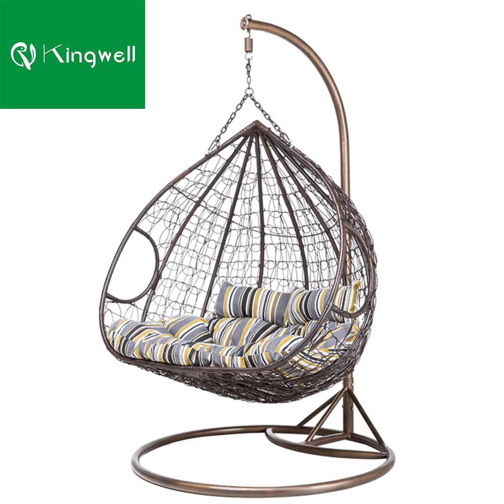 Hot selling outdoor indoor garden furniture set double seat rattan wicker iron patio hanging egg swing chair for home