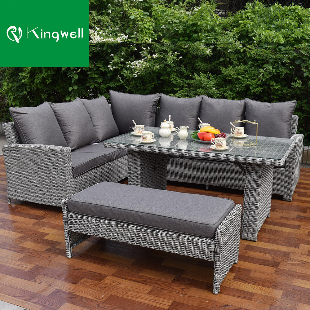 Space saving aluminum rattan furniture patio outdoor dining sectional sofa and table in garden sets