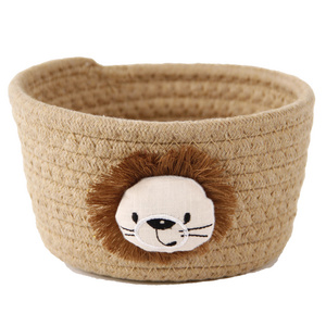 Kingwillow Small Rope Basket Round Woven Storage Cute Dog Toy Cotton Baby Nursery Hamper Shelf Decorative Bin for Keys Gift