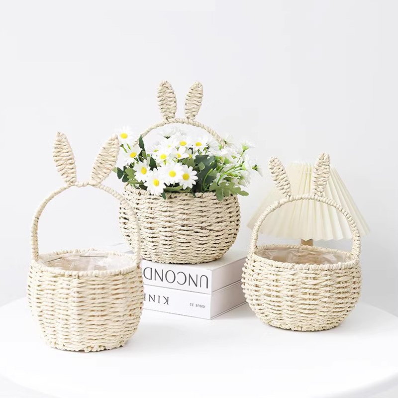 Kingwillows Handwoven Gift Basket Cute rabbit ear shaped Handmade Easter Flower Basket for Holiday wholesale