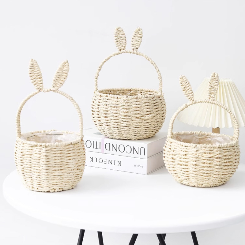 Kingwillows Handwoven Gift Basket Cute rabbit ear shaped Handmade Easter Flower Basket for Holiday wholesale