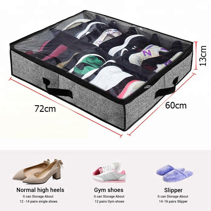 Kingwillow 12 Pairs Underbed Shoe Container Solution Shoes Box Bins with Clear Lid Fabric Organizer