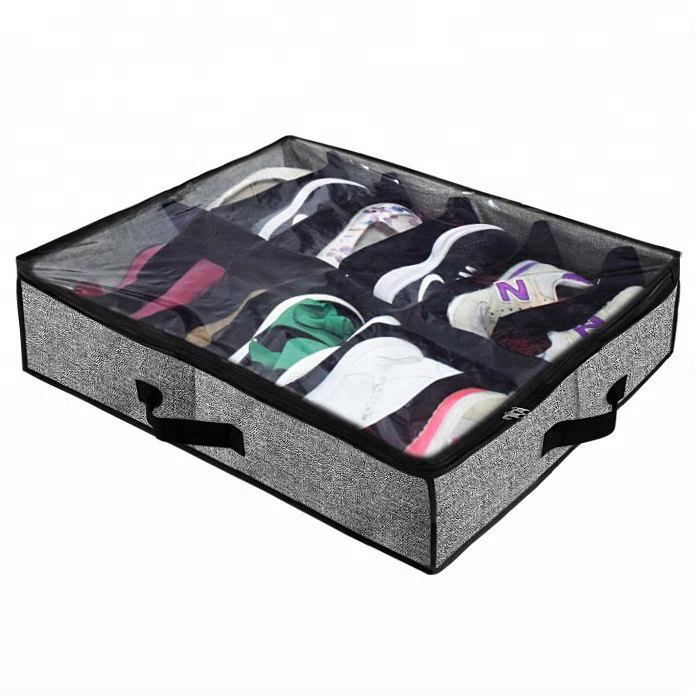 Kingwillow 12 Pairs Underbed Shoe Container Solution Shoes Box Bins with Clear Lid Fabric Organizer