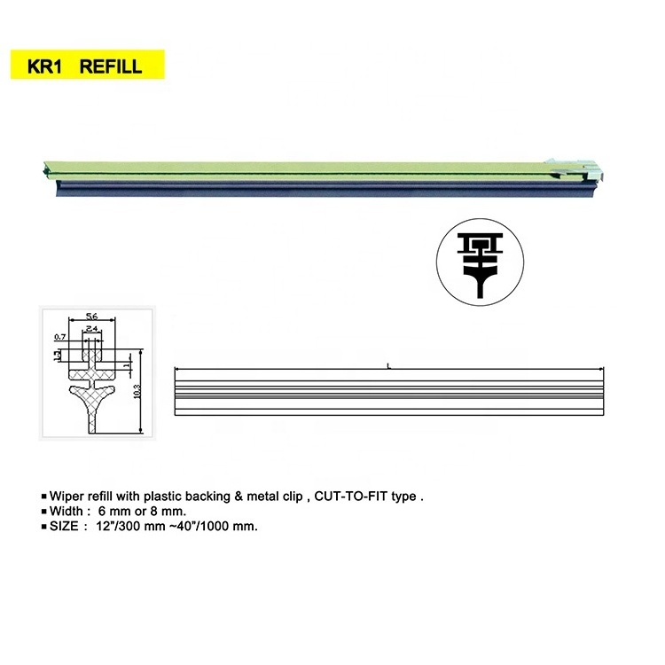 KR1 Cut-to-fit windshield wiper blade rubber refill with plastic backing and mental clips mounting widthe 6mm or 8mm length 30