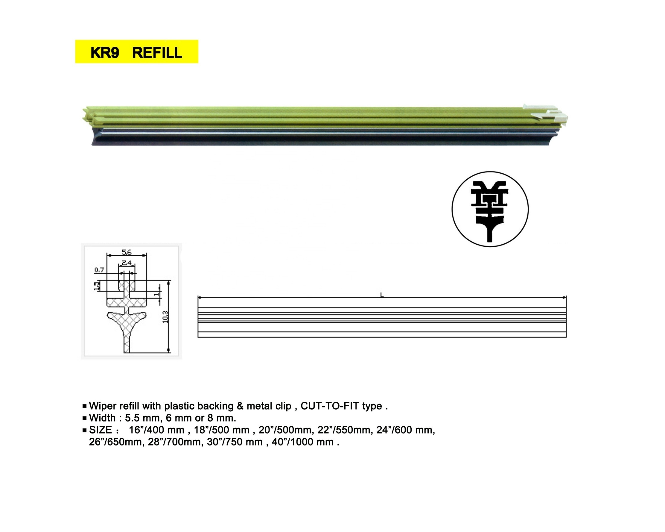 KR9 Cut-to-fit windshield wiper blade rubber refill with plastic backing and mental clips mounting widthe 6mm or 8mm length 30