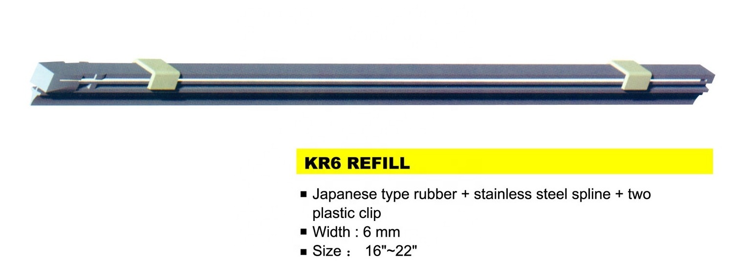 KR6  windshield wiper blade rubber refill with SS spline +2 plastic clips mounting width 6mm length 16