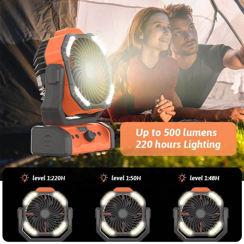 Outdoor camping tent hanging portable 10000mAh battery powered LED Lantern USB rechargeable table stand fan with LED light hook