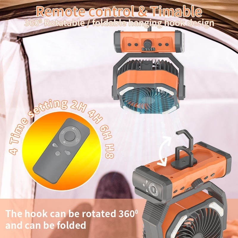 Outdoor camping tent hanging portable 10000mAh battery powered LED Lantern USB rechargeable table stand fan with LED light hook