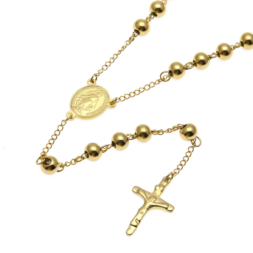 Stainless Steel Christian Rosary Catholic Beaded Chain Cross Pendant Necklace