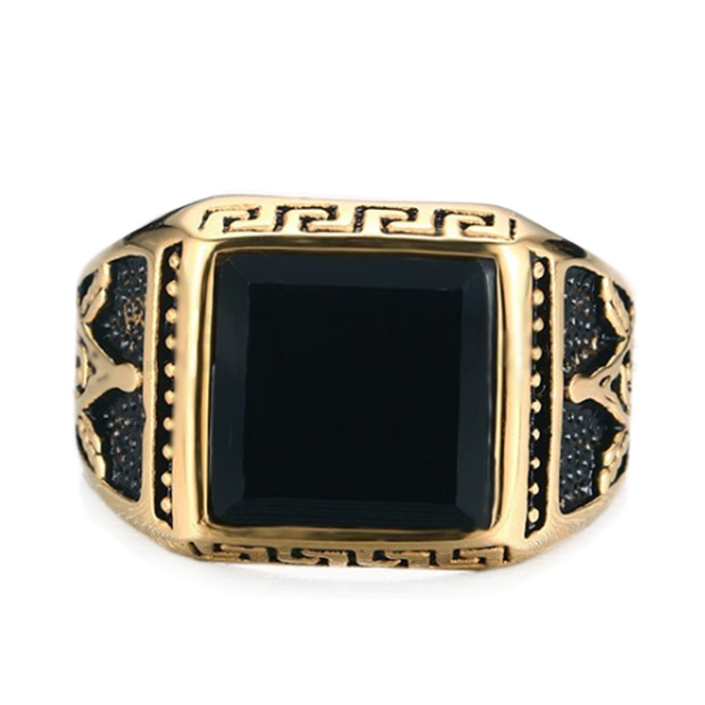 Men's Gold Freemason Thumb Ring Design With One Black Stone