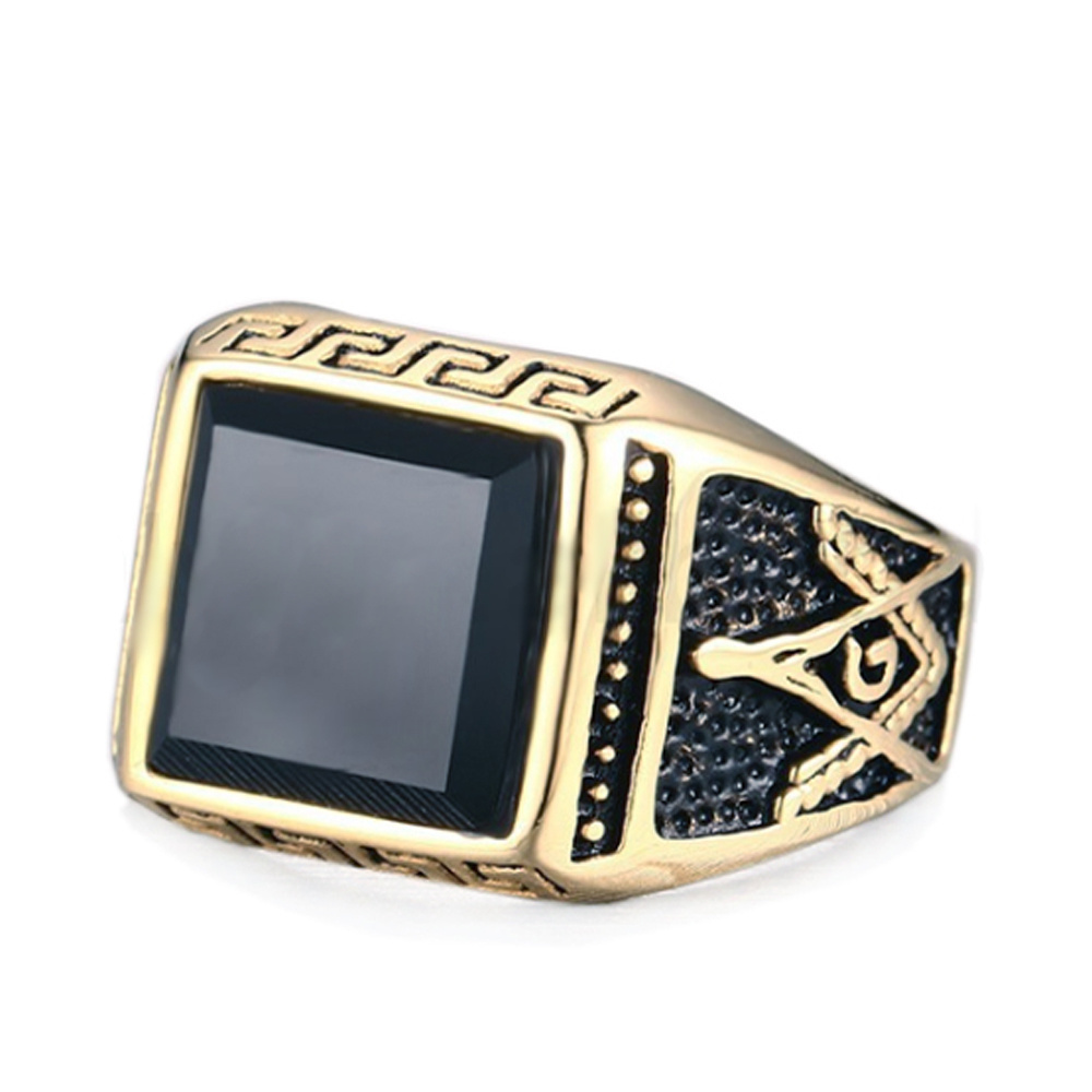 Men's Gold Freemason Thumb Ring Design With One Black Stone