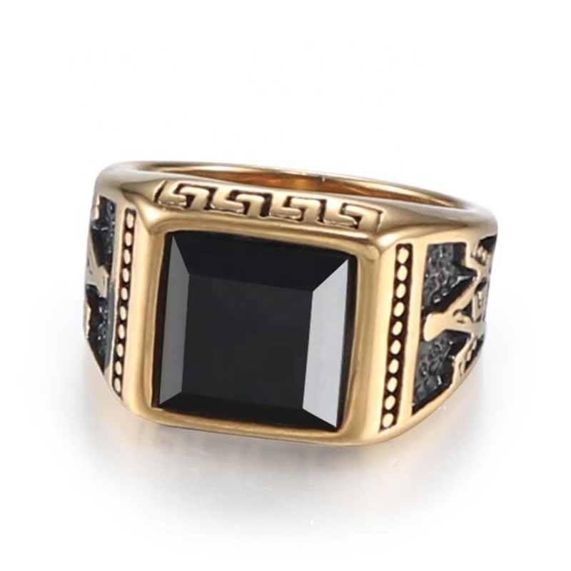 Men's Gold Freemason Thumb Ring Design With One Black Stone