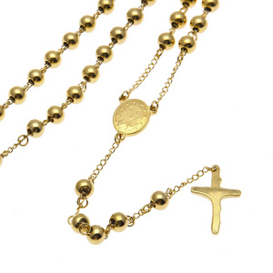 Stainless Steel Christian Rosary Catholic Beaded Chain Cross Pendant Necklace